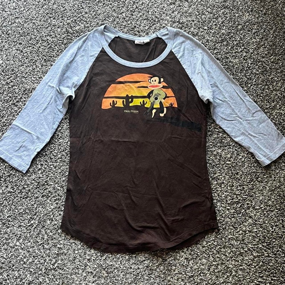 Vintage Paul Frank Julius Monkey Guitar Y2K Baby Tee Brown Grey 3/4 Sleeve L